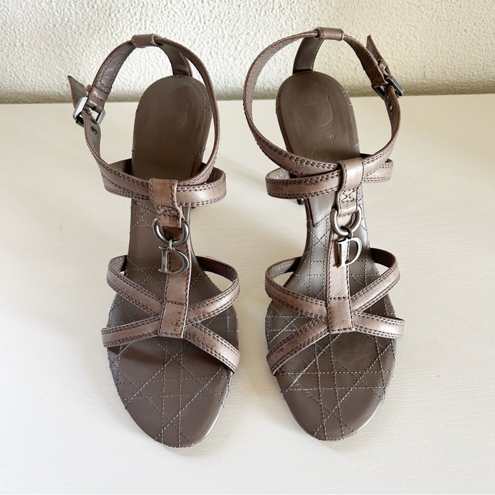 Christian Dior D Charm Ankle Strap Heels Gray Leather EU 38.5 US 8.5